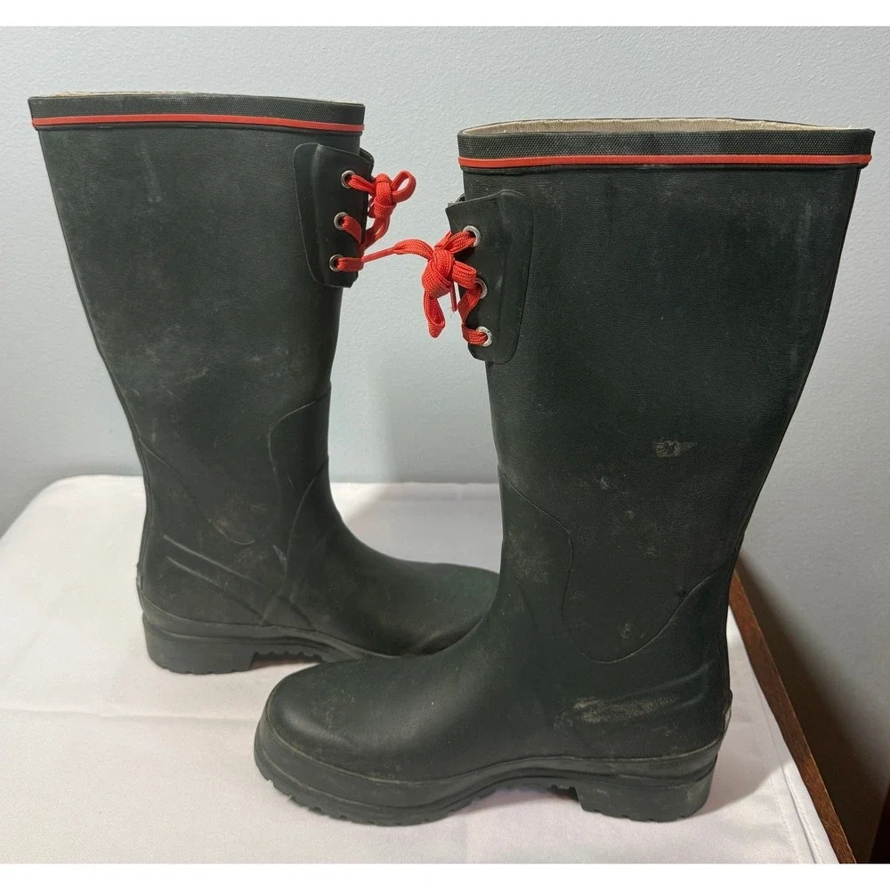 Tretorn Skanor Rubber Rain Boots Green Red Lace Up Tall Waterproof Womens 9.5 US